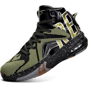 imageASHION Unisex Kids Basketball Shoes Air Boys Girls High Top Sneakers Breathable Outdoor Cushioning Athletic ShoesF31Black Gold