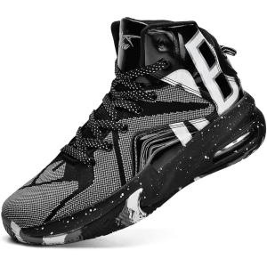 imageASHION Unisex Kids Basketball Shoes Air Boys Girls High Top Sneakers Breathable Outdoor Cushioning Athletic ShoesF31Black Silver