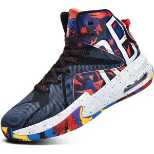imageASHION Unisex Kids Basketball Shoes Air Boys Girls High Top Sneakers Breathable Outdoor Cushioning Athletic ShoesF31Camo Blue