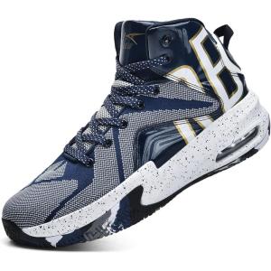 imageASHION Unisex Kids Basketball Shoes Air Boys Girls High Top Sneakers Breathable Outdoor Cushioning Athletic ShoesF31White Blue