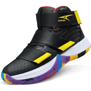 imageASHION Unisex Kids Basketball Shoes Air Boys Girls High Top Sneakers Breathable Outdoor Cushioning Athletic ShoesFBlack Yellow