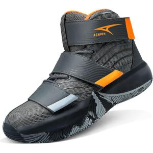 imageASHION Unisex Kids Basketball Shoes Air Boys Girls High Top Sneakers Breathable Outdoor Cushioning Athletic ShoesFGrey Orange