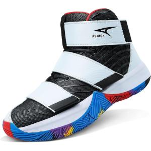 imageASHION Unisex Kids Basketball Shoes Air Boys Girls High Top Sneakers Breathable Outdoor Cushioning Athletic ShoesFWhite Black