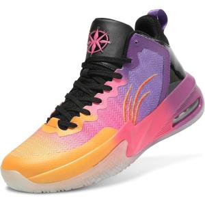 imageASHION Unisex Kids Basketball Shoes Air Boys Girls High Top Sneakers Breathable Outdoor Cushioning Athletic ShoesGradual Pink Purple