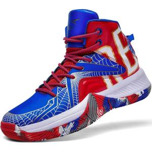 imageASHION Unisex Kids Basketball Shoes Air Boys Girls High Top Sneakers Breathable Outdoor Cushioning Athletic ShoesShiny RedBlue