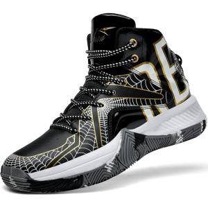 imageASHION Unisex Kids Basketball Shoes Air Boys Girls High Top Sneakers Breathable Outdoor Cushioning Athletic ShoesSpider BlackGold