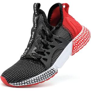imageLittleplum Boys Running Shoes Slip On Kids Sneakers Mesh Tennis Shoes Lightweight Breathable for Athletic Gym School SportPopular Black Red