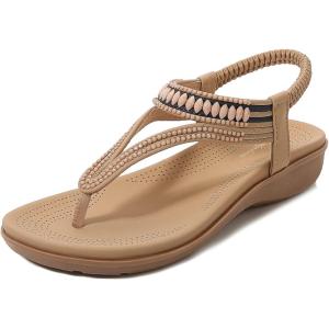 imageLittleplum Womens Sandals Arch Support Slingback Sandals Summer Beach Shoes Ankle Strap Thong Elastic Flat Sandals for WomenClassic Apricot