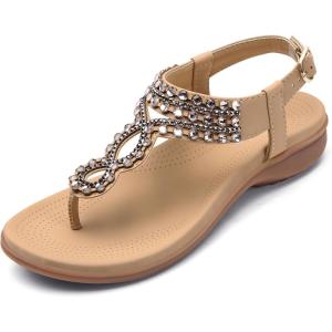 imageLittleplum Womens Sandals Arch Support Slingback Sandals Summer Beach Shoes Ankle Strap Thong Elastic Flat Sandals for WomenElegance Apricot