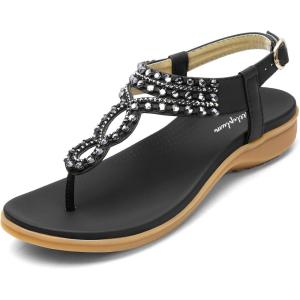 imageLittleplum Womens Sandals Arch Support Slingback Sandals Summer Beach Shoes Ankle Strap Thong Elastic Flat Sandals for WomenElegance Black