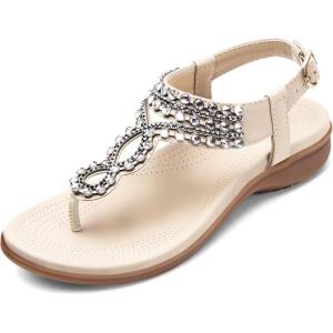 imageLittleplum Womens Sandals Arch Support Slingback Sandals Summer Beach Shoes Ankle Strap Thong Elastic Flat Sandals for WomenElegance Cream White