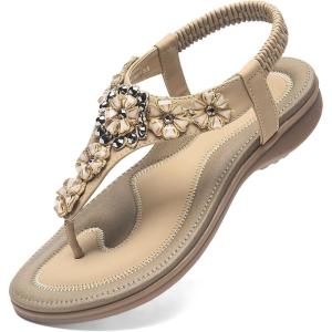 imageLittleplum Women Flat Sandals Dressy Sandal Summer Comfortable Slipon Casual Beach Shoes Dress Bohemian Ankle Elastic Flats SandalsElegant Apricot