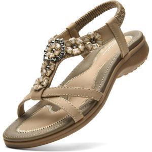imageLittleplum Women Flat Sandals Dressy Sandal Summer Comfortable Slipon Casual Beach Shoes Dress Bohemian Ankle Elastic Flats SandalsStylish Apricot