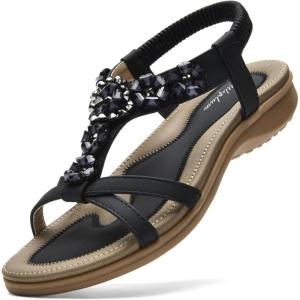 imageLittleplum Women Flat Sandals Dressy Sandal Summer Comfortable Slipon Casual Beach Shoes Dress Bohemian Ankle Elastic Flats SandalsStylish Black