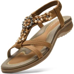imageLittleplum Women Flat Sandals Dressy Sandal Summer Comfortable Slipon Casual Beach Shoes Dress Bohemian Ankle Elastic Flats SandalsStylish Brown