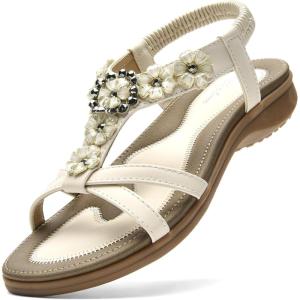 imageLittleplum Women Flat Sandals Dressy Sandal Summer Comfortable Slipon Casual Beach Shoes Dress Bohemian Ankle Elastic Flats SandalsStylish Cream White
