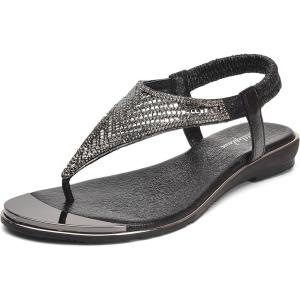 imageLittleplum Women Sandals Rhinestone Dressy Flat Sandals Elastic Strappy Sparkly Summer Thong Wedding Sandals Black Size 8