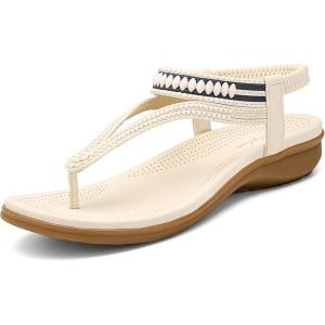 imageLittleplum Womens Sandals Arch Support Flip Flops Sandals Summer Beach Shoes Ankle Strap Thong Elastic Flat Sandals for Women White Size 6