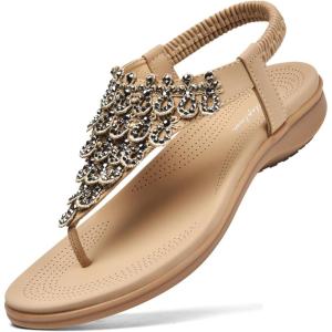 imageLittleplum Womens Sandals Arch Support Slingback Sandals Summer Beach Shoes Ankle Strap Thong Elastic Flat Sandals for Women Apricot Size 6