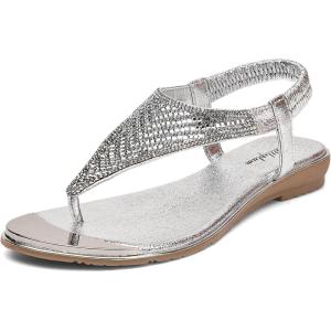 imageLittleplum Womens Sandals Arch Support Slingback Sandals Summer Beach Shoes Ankle Strap Thong Elastic Flat Sandals for WomenSparkling Silver