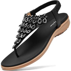 imageLittleplum Womens Sandals Arch Support Slingback Sandals Summer Beach Shoes Ankle Strap Thong Elastic Flat SandalsChic Black