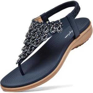 imageLittleplum Womens Sandals Arch Support Slingback Sandals Summer Beach Shoes Ankle Strap Thong Elastic Flat SandalsChic Blue