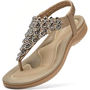 imageLittleplum Womens Sandals Arch Support Slingback Sandals Summer Beach Shoes Ankle Strap Thong Elastic Flat SandalsClassic Apricot