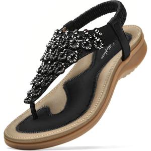 imageLittleplum Womens Sandals Arch Support Slingback Sandals Summer Beach Shoes Ankle Strap Thong Elastic Flat SandalsClassic Black