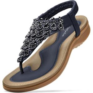 imageLittleplum Womens Sandals Arch Support Slingback Sandals Summer Beach Shoes Ankle Strap Thong Elastic Flat SandalsClassic Blue