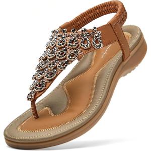 imageLittleplum Womens Sandals Arch Support Slingback Sandals Summer Beach Shoes Ankle Strap Thong Elastic Flat SandalsClassic Brown