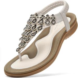imageLittleplum Womens Sandals Arch Support Slingback Sandals Summer Beach Shoes Ankle Strap Thong Elastic Flat SandalsClassic White