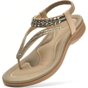imageLittleplum Womens Sandals Arch Support Slingback Sandals Summer Beach Shoes Ankle Strap Thong Elastic Flat SandalsElegant Apricot