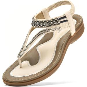 imageLittleplum Womens Sandals Arch Support Slingback Sandals Summer Beach Shoes Ankle Strap Thong Elastic Flat SandalsElegant Cream White
