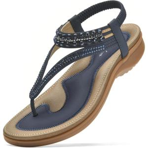 imageLittleplum Womens Sandals Arch Support Slingback Sandals Summer Beach Shoes Ankle Strap Thong Elastic Flat SandalsElegant Dark Blue