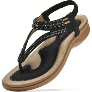 imageLittleplum Women Arch Support Sandals Rhinestone Casual Wear Flat Sandals Dressy TStrap Thong Sandals Black Size 8