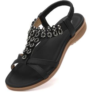 imageLittleplum Womens Sandals Arch Support Slingback Rhinestone Dressy Sandals Comfort Summer Shoes Ankle Strap Elastic Flats for Beach WalkingCasual Chic Black