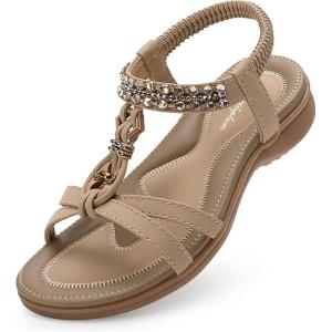 imageLittleplum Womens Sandals Arch Support Slingback Rhinestone Dressy Sandals Comfort Summer Shoes Ankle Strap Elastic Flats for Beach WalkingStylish Apricot