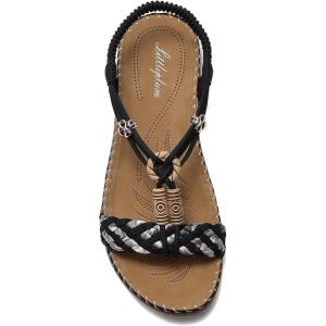 imageLittleplum Women Sandals Arch Support Handmade Bohemian Braided Flat Sandals Comfort Walking Beach Ankle Elastic Summer ShoesRetro Black