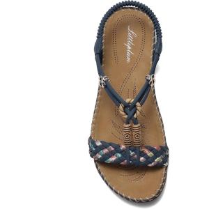 imageLittleplum Women Sandals Arch Support Handmade Bohemian Braided Flat Sandals Comfort Walking Beach Ankle Elastic Summer ShoesRetro Blue