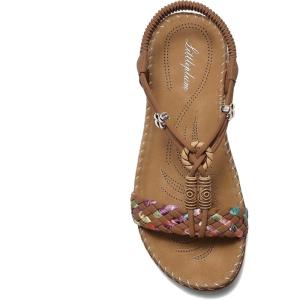 imageLittleplum Women Sandals Arch Support Handmade Bohemian Braided Flat Sandals Comfort Walking Beach Ankle Elastic Summer ShoesRetro Brown