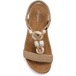 imageLittleplum Women Sandals Arch Support Handmade Bohemian Braided Flat Sandals Comfort Walking Beach Ankle Elastic Summer ShoesTrendy Apricot