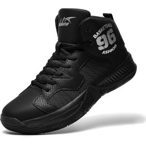 imageASHION Kids Basketball Shoes Boys Girls Sneakers MidTop Lace Up Cushion Anti Slip Athletic Outdoor Sport Shoes for UnisexChildBlack