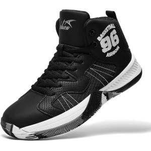 imageASHION Kids Basketball Shoes Boys Girls Sneakers MidTop Lace Up Cushion Anti Slip Athletic Outdoor Sport Shoes for UnisexChildBlack Silver