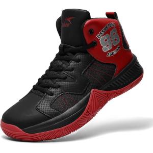 imageASHION Kids Basketball Shoes Boys Girls Sneakers MidTop Lace Up Cushion Anti Slip Athletic Outdoor Sport Shoes for UnisexChildBlackRed