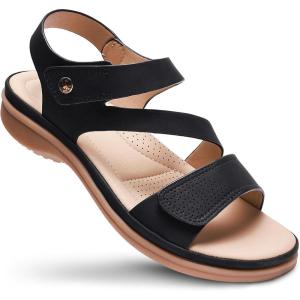 imageLittleplum Womens Sandals Arch Support  Comfortable Flat Sandals for Women Summer Breathable Adjustable Orthotic Walking Shoes for BeachTravelFashion Black