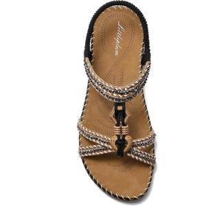 imageLittleplum Womens Sandals Arch Support Summer Flat Slides Ankle Elastic Walking Shoes Braided Beach Dressy Sandals for WomenClassic Black