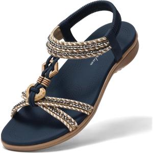 imageLittleplum Womens Sandals Arch Support Summer Flat Slides Ankle Elastic Walking Shoes Braided Beach Dressy Sandals for WomenElegant Blue