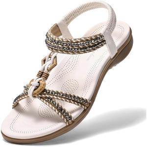 imageLittleplum Womens Sandals Arch Support Summer Flat Slides Ankle Elastic Walking Shoes Braided Beach Dressy Sandals for WomenElegant Cream White