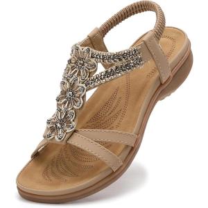 imageLittleplum Sandals Women Flat Dressy Sandal Summer Comfortable Slipon Casual Beach Shoes Dress Bohemian Ankle Elastic Flats SandalsComfortable Apricot