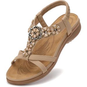 imageLittleplum Sandals Women Flat Dressy Sandal Summer Comfortable Slipon Casual Beach Shoes Dress Bohemian Ankle Elastic Flats SandalsFashion Apricot